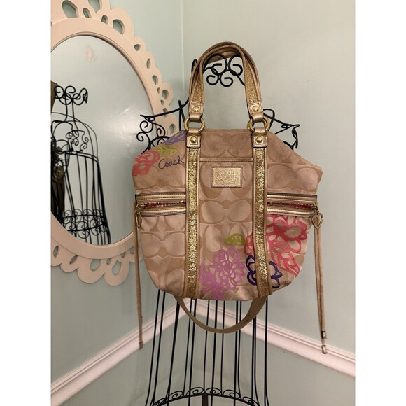 Coach Poppy Applique Gold Multi Crossbody Bag Floral Purse - Picture 1 of 12